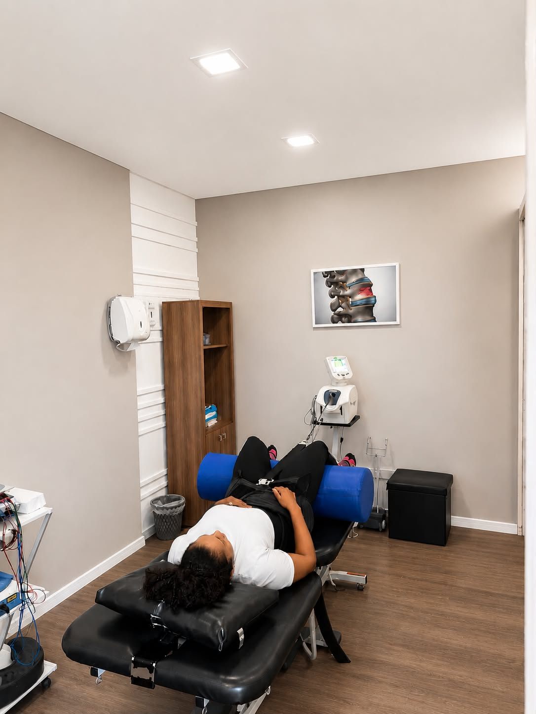 Sala de atendimento fisioterapêutico, com maca e estrutura para acompanhamento individual.